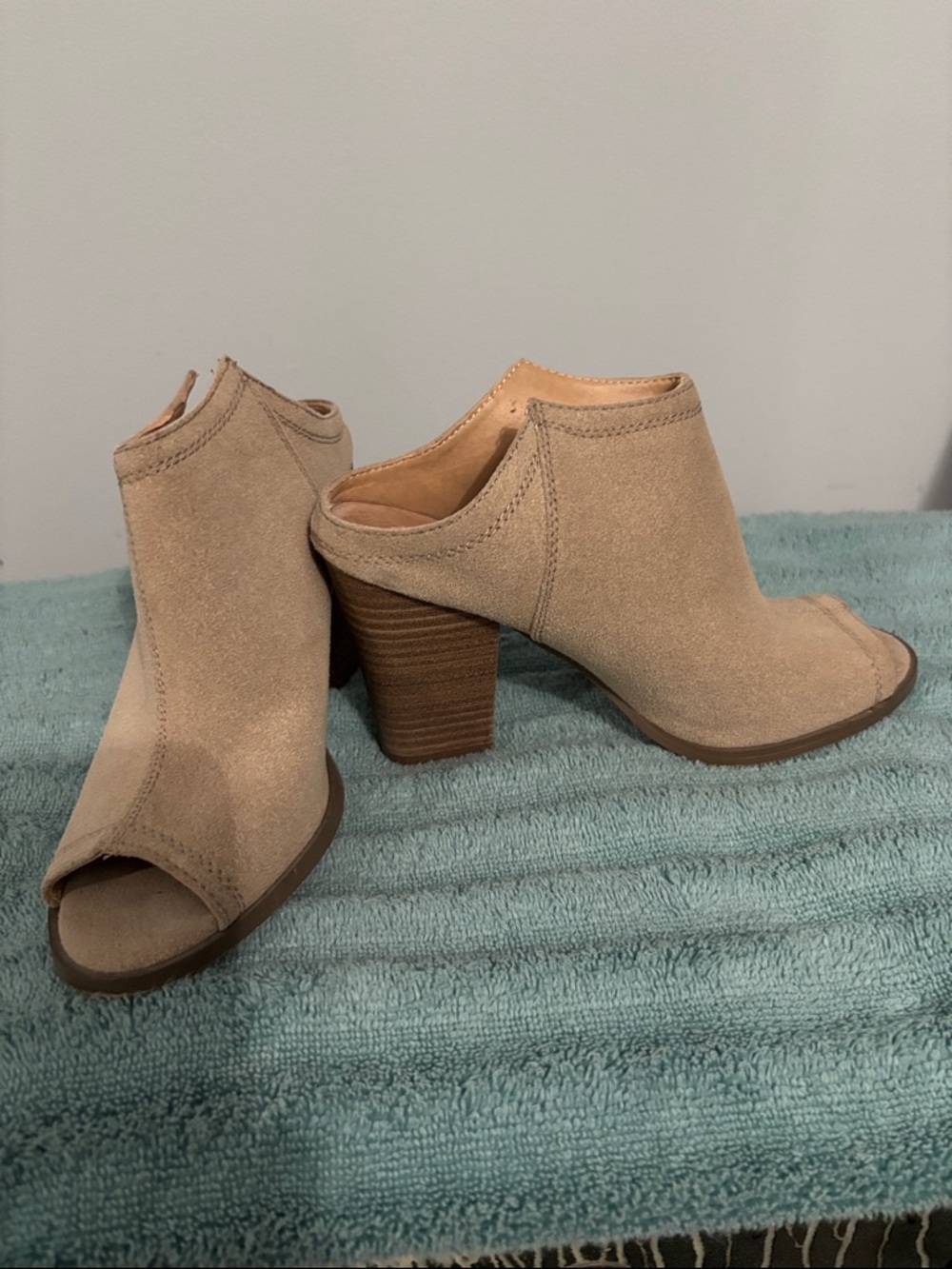 Restricted Taupe Suede Peep-Toe Block Heel Mules